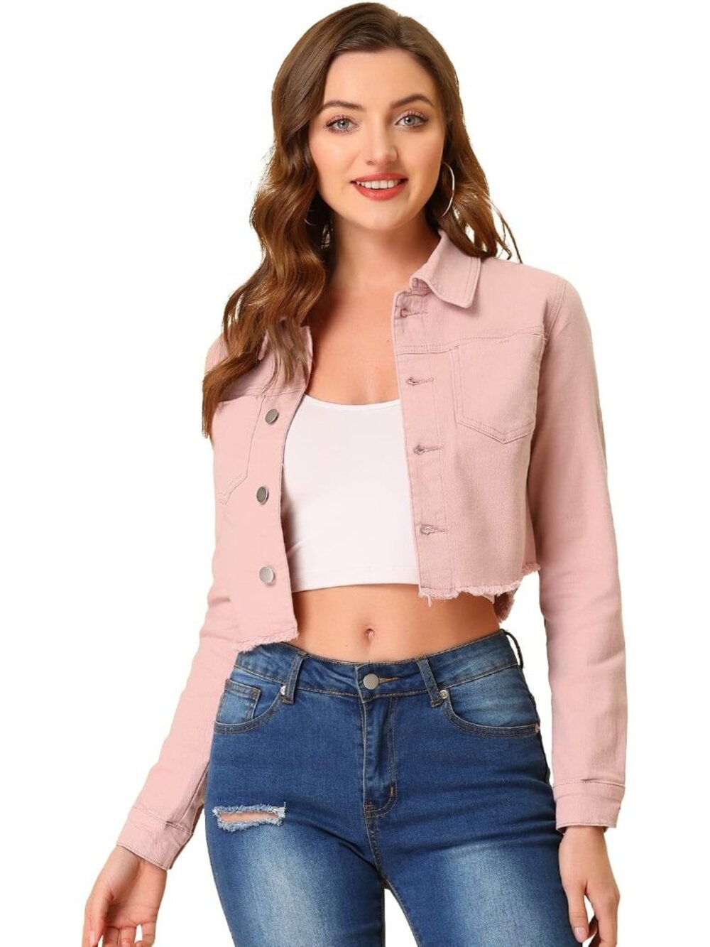 Women's Pink Cropped Frayed Hem Turndown Collar Button Up Denim Jacket